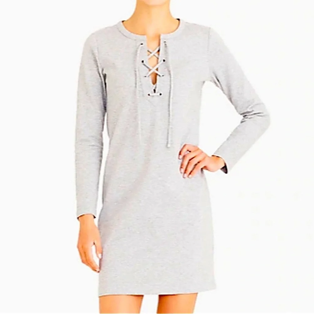 knee length dresses for ladies The Lace-up Sweatshirt Dress in Taupe, Cozy Sweatshirt Dresses from Spool  72
